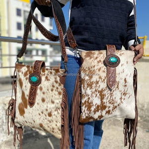 Hottest Selling Cowhide Fur Leather Fringe Bag Women Tooled Carving Leather <b>Handbag</b> Boho Style Cow Hide Bag's for Cow Girl's - Product Image 3