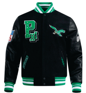 BLACK LAND INDUSTRIES Unisex Black/Green Embroidered Vintage Decorated Breathable Wool/Leather Varsity Jacket Eagle Logo O-<b>Neck</b> - Product Image 3