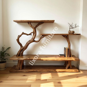 ชั้นวางหนังสือไม้เนื้อแข็งสไตล์รัสติกแบบธรรมชาติ ทำด้วยมือจากกิ่งไม้ธรรมชาติพร้อมขอบไม้ธรรมชาติ - Product Image 5