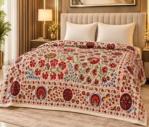 Designer Embroidered Organic Cotton Handmade Kantha Pattern Luxury <b>Queen</b> Size Suzani All-Season <b>Bed</b> <b>Sheets</b> Home Use Wedding Gift - Product Image 1