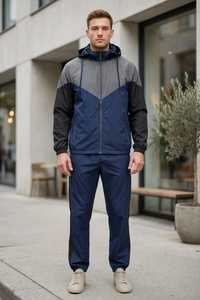Ensemble de survêtement unisexe gris marine à blocs de couleur avec capuche, fermeture éclair sur le devant, manches longues, style sportif décontracté, respirant et léger pour l'automne - Product Image 6