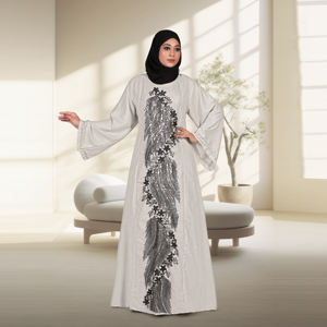 Abaya en lin avec panneau central brodé, coupe ample, manches longues, robe islamique contemporaine, tenue pour femmes du Moyen-Orient - Product Image 2