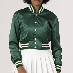 Women's Green Satin Varsity Jacket Cropped Full Sleeve <b>Single</b> Button Closure <b>Quilted</b> Cotton-Filled 100% Wool Towel Embroidery - Product Image 1