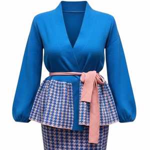Jack and Jill Women’s Houndstooth <b>Wrap</b> Cardigan Knit Peplum Top with Belt Long Sleeve Fashion Sweater Wholesale - Product Image 6