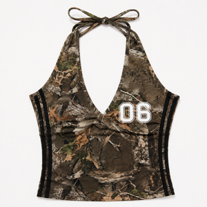 Camiseta sin mangas con cuello halter y estampado de camuflaje Chic Real Tree, con número personalizado, escote en V profundo, corte ajustado, para mujer, estilo Y2K, camisola con estampado de camuflaje, top deportivo. - Product Image 4
