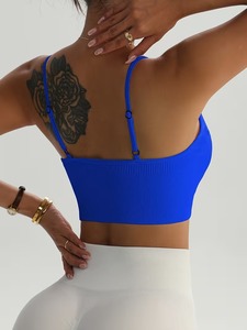 Seamless Rib Knit Front Sports <b>Bra</b> Women <b>Low</b> <b>Back</b> Athleisure Camisole Removable Padding Wirefree Lift Bralette Workout Crop - Product Image 1