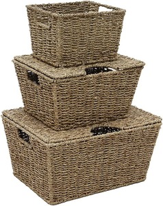 Set of 3 Rectangular Lidded Storage Basket <b>Small</b> <b>Boxes</b> Multipurpose Seagrass Handmade Storage Basket Wholesale eco-friendly - Product Image 1
