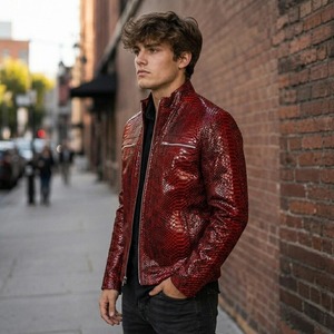 Chaqueta de Cuero de Pitón para Hombre, Chaqueta de Motero Hecha a Mano con Piel de Serpiente, Estilo Moto en Cuero Vacuno Rojo, Ropa de Abrigo para Otoño y Navidad - Product Image 3