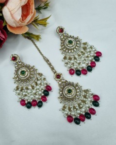 Handcrafted Round Stone Heavy Choker Necklace With Earrings And Mangtika Traditional Ethnic Designer Fashion Jewellery Wholesale - Product Image 4
