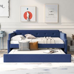 Blue Upholstered Twin Daybed with Trundle Wood Slat <b>Support</b> <b>Sofa</b> Bed Frame - Product Image 2
