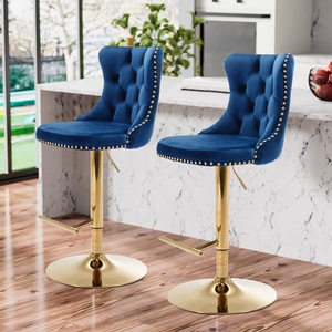 Modern <b>Adjustable</b> Bar <b>Stool</b> Blue Velvet Tufted Seat Gold Metal Legs Base Swivel <b>Height</b> <b>Adjustable</b> Luxury Contemporary Commercial - Product Image 2