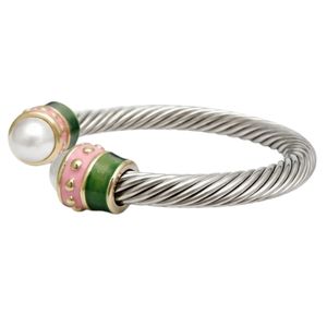 Bracelet jonc épais classique rose et vert en argent pour femme, élégant avec breloque perle, accessoire de mode, cadeau pour fête et usage quotidien - Product Image 3
