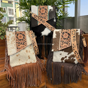 Nouveaux cheveux occidentaux sur cuir véritable frange sac à bandoulière femmes en cuir repoussé dissimulé transporter en cuir sculpté sac à main en peau de vache - Product Image 4