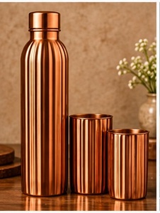 Vintage Copper Water Bottle and <b>2</b> <b>Cups</b> Set 3 Piece Carved Leaf Pattern Portable <b>Flask</b> with Lid - Product Image 5