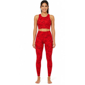 Ensemble de yoga floral rouge pour femme, legging taille haute, crop top, ensemble 2 pièces sans couture, soutien-gorge de sport, tenue de sport extensible pleine longueur - Product Image 3