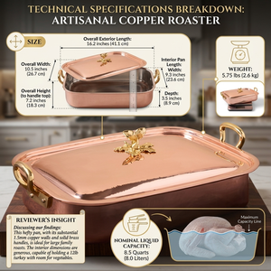 Cacerola Rectangular Premium de Cobre Martillado con Asas de Latón y Perilla de Roble para Utensilios de Cocina de Lujo y Platos de Servicio para Hoteles - Product Image 5