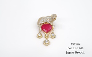 09635Mehandi Plated Jaguar Brooch Green Heart Stone and Pear CZ Look Brass Animal Brooch Jewelry for Wedding Gift Party Wear - Product Image 3