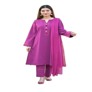 Wholesale Women's Indian Pakistani Style 3-Piece Stitched Linen Salwar Kameez in Yellow V-Neck Shirt Embossed Printed Trouser - Product Image 1