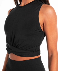 Top Corto Deportivo de Punto Negro para Mujer, Cuello Redondo, Color Sólido, Fruncido Delantero, Transpirable, de Spandex y Poliéster, Venta Caliente 2026 - Product Image 3