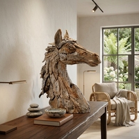 Sculpture artisanale en bois de tête de cheval, buste d'animal rustique en teck, décoration d'appoint pour table ou sol, pièce unique