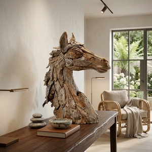 Handcrafted <b>wooden</b> horse head sculpture rocky <b>rustic</b> teak driftwood animal bust statue table floor accent decoration spaces unit - Product Image 4