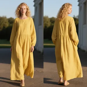 Robe longue bohème en coton pour femme, coupe ample, manches longues, couleur unie, taille froncée, décontractée - Product Image 3