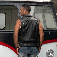 Gilet de motard en cuir de vachette perforé avec fermeture éclair croisée et plusieurs poches pour hommes OEM ODM