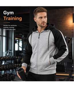 Sweat à capuche tricoté en molleton bicolore 300g pour homme, avec fermeture éclair, blocs de couleur, poches et cordon de serrage, style décontracté et sportif, écoresponsable - Product Image 6