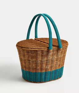 Teal Blue Rattan Picnic <b>Basket</b> Oval Deep Handwoven Willow <b>Storage</b> Hamper with Lids Two Colored <b>Wicker</b> Food Carrier Outdoor Campi - Product Image 1