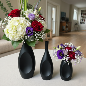 Juego de 3 jarrones de flores modernos de aluminio fundido negro mate, estilo geométrico hueco abstracto, para decoración de hogar de lujo y centros de mesa - Product Image 3