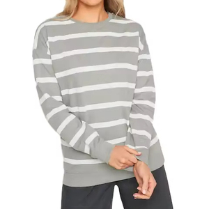 Sweat-shirt gris et blanc uni à col rond pour femme, manches longues, en coton tricoté, décontracté, écologique, broderie sur le devant, pour l'hiver et le printemps - Product Image 6