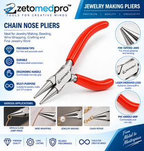Pince à bec effilé en acier inoxydable 130 mm pour sertissage de pierres de joaillerie fine, poignée PVC 140 mm ZETOMEDPRO ZM-J-632-635 DIY - Product Image 4