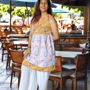 Robe tunique courte à col en V pour femme, motif floral naturel, imprimé à la main, en coton écologique, tenue décontractée de plage - Product Image 4