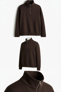Sweat-shirt classique pour homme en marron avec demi-zip - Design moderne à col montant, vêtement décontracté - Product Image 6