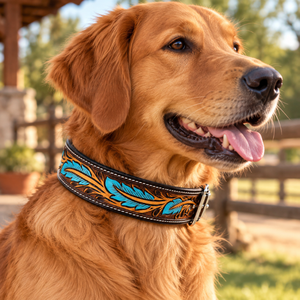 Collar de Cuero Repujado Estilo Western para Perro, con Acolchado Floral Turquesa |   Conjunto de Arnés Ajustable con Hebilla Metálica Resistente para Perros - Product Image 3