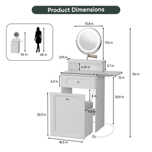 Tocador de maquillaje blanco 2 en 1 con espejo redondo y mesita de noche con luces y tocador con silla cómoda incluida - Product Image 2