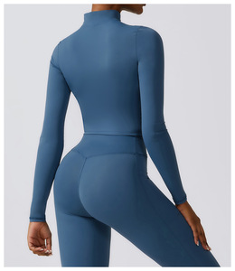 Women's <b>Black</b> <b>Long</b> <b>Sleeve</b> Zip-Up <b>Crop</b> <b>Top</b> High Waist Leggings Sporty Fitness Wear Breathable Knitted Set - Product Image 6