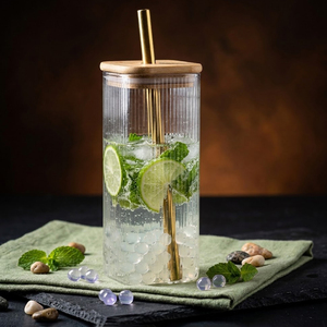 Modern Clear Glass <b>Can</b> Tumbler with Bamboo Cover Reusable Drinking Straw Custom Logo Beverage Cup Bulk Ready to Ship Wholesale - Product Image 2