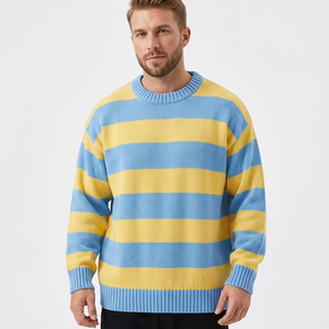 Pull en tricot rayé bleu et jaune pour homme, confortable, manches régulières, vêtement décontracté d'automne, 100% acrylique, 280g, poignets côtelés - Product Image 2