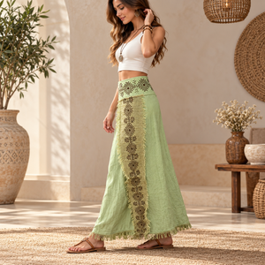 Ethnic Bohemian <b>Wrap</b> <b>Skirt</b> Green Printed Fringe <b>Maxi</b> <b>Skirt</b> | Lightweight Festival Beachwear Gypsy Womens Summer Fashion Clothing - Product Image 3