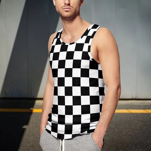 Men's Black White <b>Checkered</b> Sleeveless Tank <b>Top</b> O-Neck Breathable Knitted Printed Casual Sporty Fit - Product Image 5