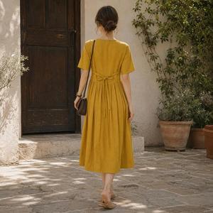 <b>Women</b> Mustard Yellow <b>Linen</b> Midi <b>Dress</b> Short Sleeve O-Neck Button Front High Waist A-Line Casual Summer <b>Dress</b> - Product Image 3