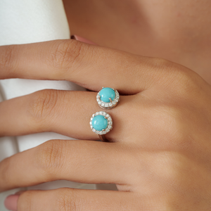 December Birthstone New Trendy Round Cut <b>Turquoise</b> & Diamond Halo Open <b>Ring</b> Latest 14K Real White Gold Custom Gemstone Jewelry - Product Image 2