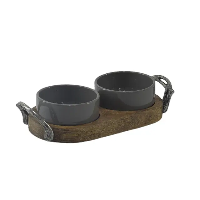 Two Cremaic Bowl With Metal Handle Wooden Base Salt Sugar Spice CondimentSalt Sugar Spice Wooden Condiments In Wholesale Price