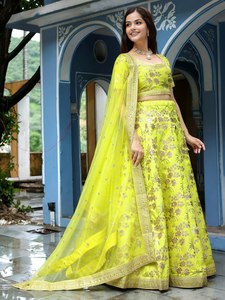 Yellow Floral Embroidered <b>Lehenga</b> Choli with Organza Dupatta Scoop Neck Short Sleeve A-Line Floor-Length Bridesmaid Dress - Product Image 2