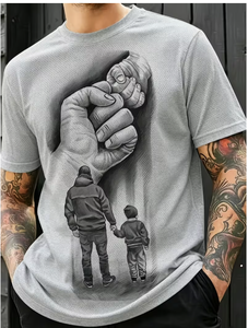 Men s Gray Short Sleeve T-<b>Shirt</b> With <b>Father</b> <b>And</b> <b>Son</b> Hand Holding Print O-Neck Casual Regular Fit Digital Print Jersey Fabric - Product Image 3