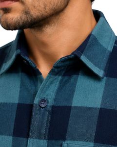 Teal Navy Plaid Men Flannel Shirt Long Sleeve Button <b>Down</b> Checkered Cotton Casual Shirt With Chest Pockets Streetwear Overshirt - Product Image 5