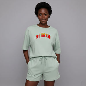 High Quality Vintage Embroidered Oversized Drop Shoulder Women's 2 Piece <b>Set</b> 100% Cotton Solid Knee Streetwear Short <b>sets</b> - Product Image 1