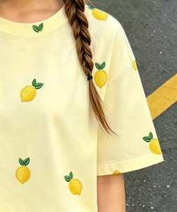 Girls 2-Piece Lemon Print Set Short Sleeve Top with Shorts Summer Outfit Comfortable Breathable Cotton Casual Wear Customizable - Product Image 4
