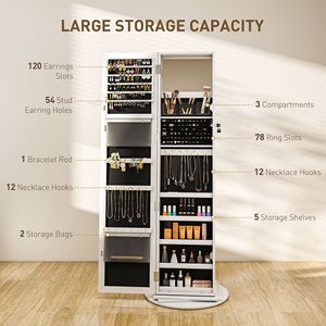 Armadio Portagioie Girevole a 360 Gradi con Specchio a Figura Intera, Ripiani Bianchi e Organizer Pratico - Product Image 6